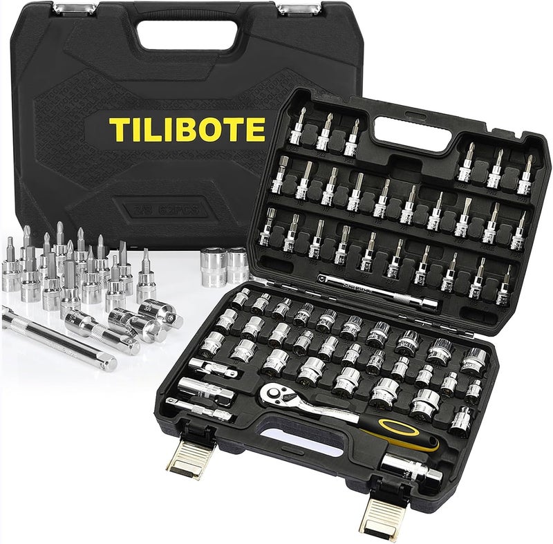 TILIBOTE Socket Wrench Set, 62PCS 3/8" Ratcheting Wrench Set With 72 Tooth Count Ratchet, SAE & Metric From 5/16" - 7/8 ", 6mm - 23mm,Tool Set For Home Use and Automotive Repair - Image 1